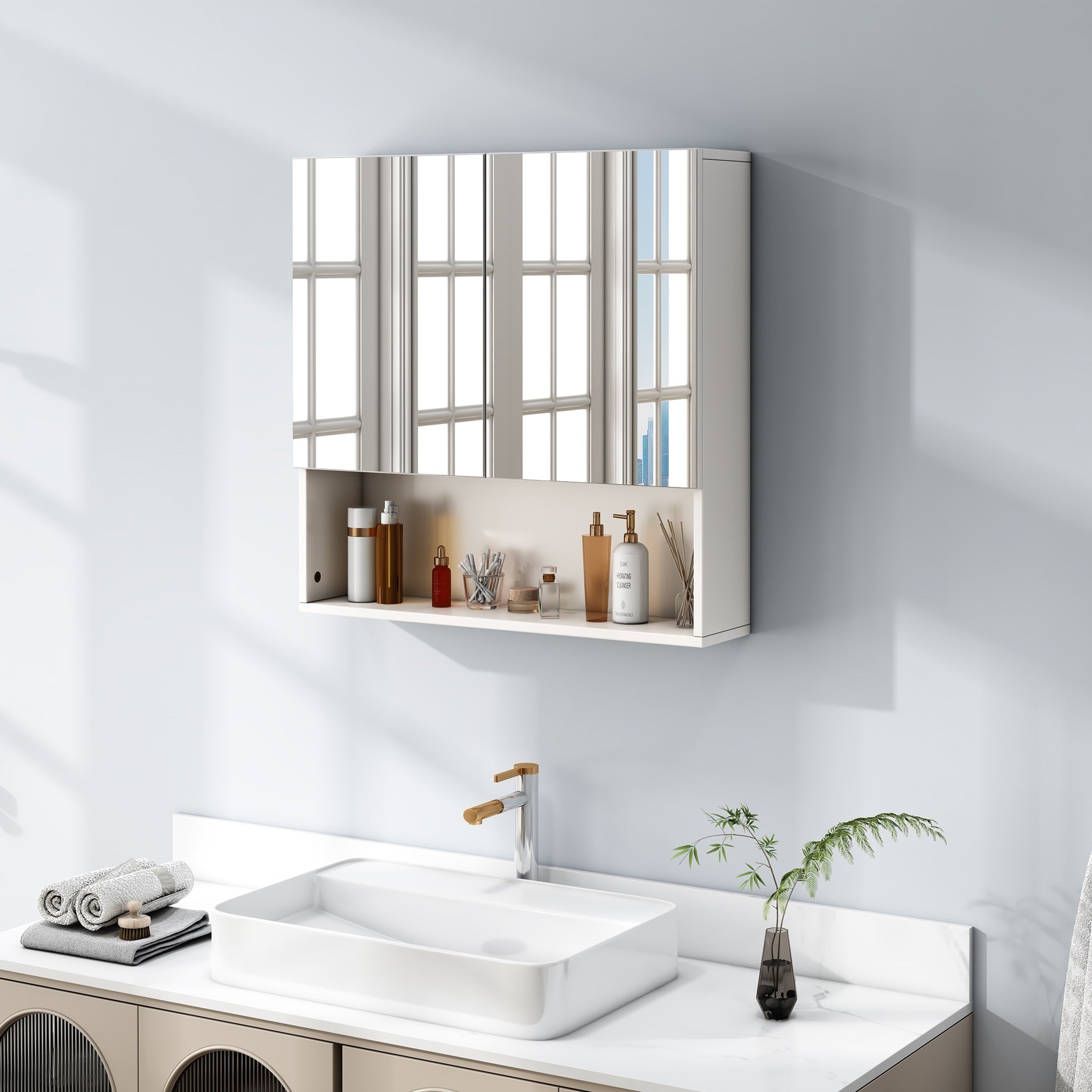 ארון אמבטיה תלוי עם מראה ומדף פתוח · דגם MALMO