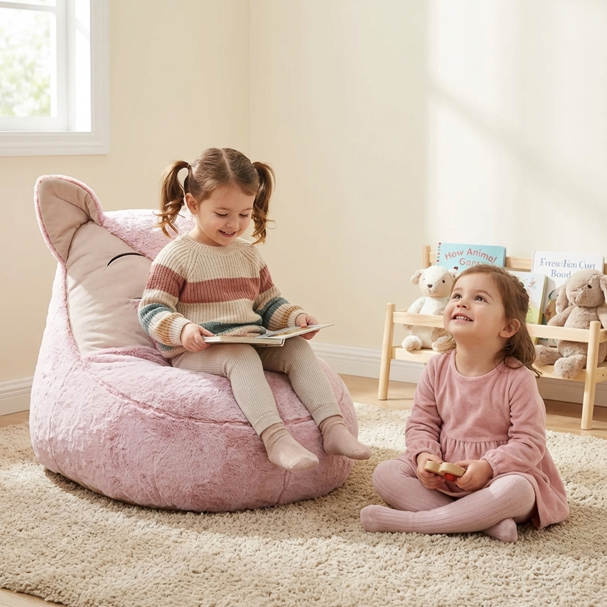 פוף כסא לילדים בצורה של חתול מבד קטיפה בגוון ורוד