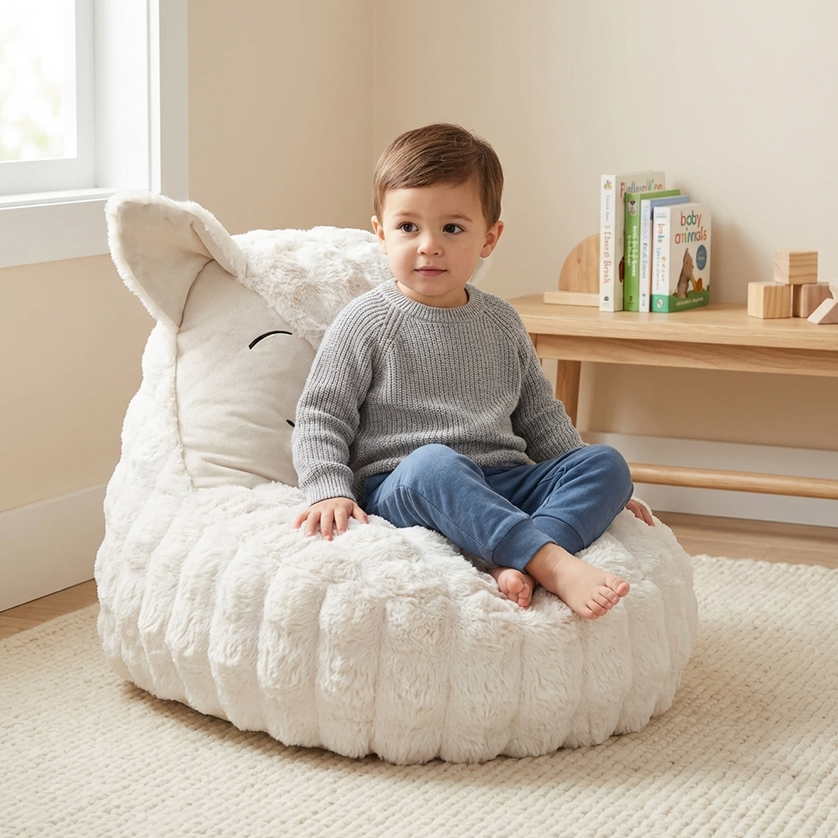 פוף לילדים בצורה של חתול מבד פרווה בגוון שמנת