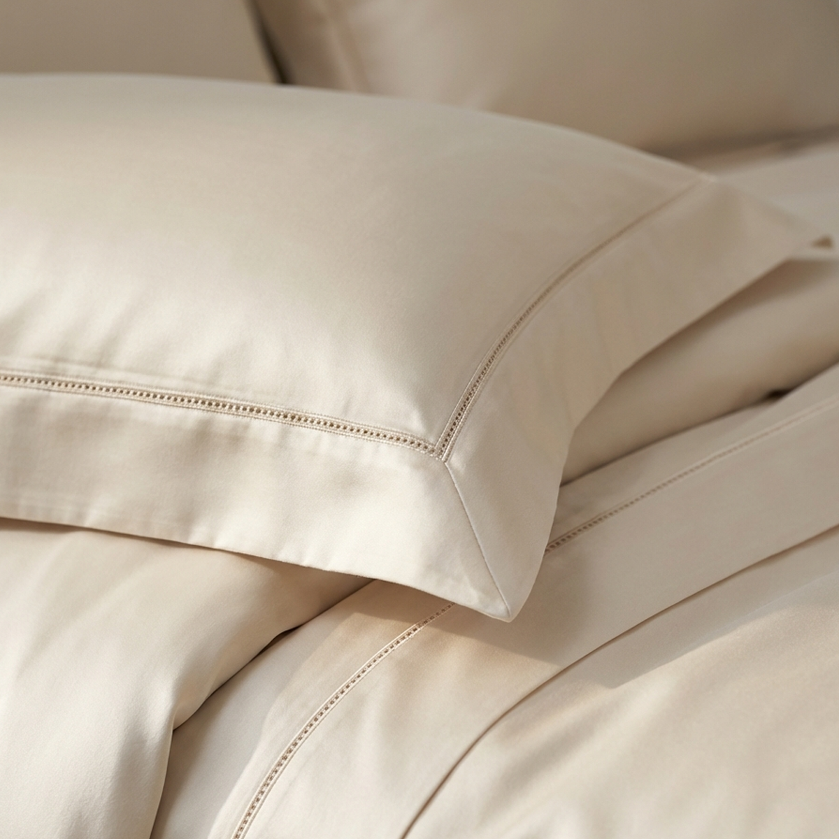 סט מצעי כותנה מצרית סאטן 500 שמנת בגימור לולאות