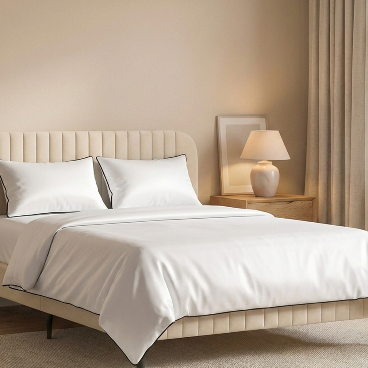 סט מצעי כותנה מצרית סאטן 500 לבן עם פס שחור