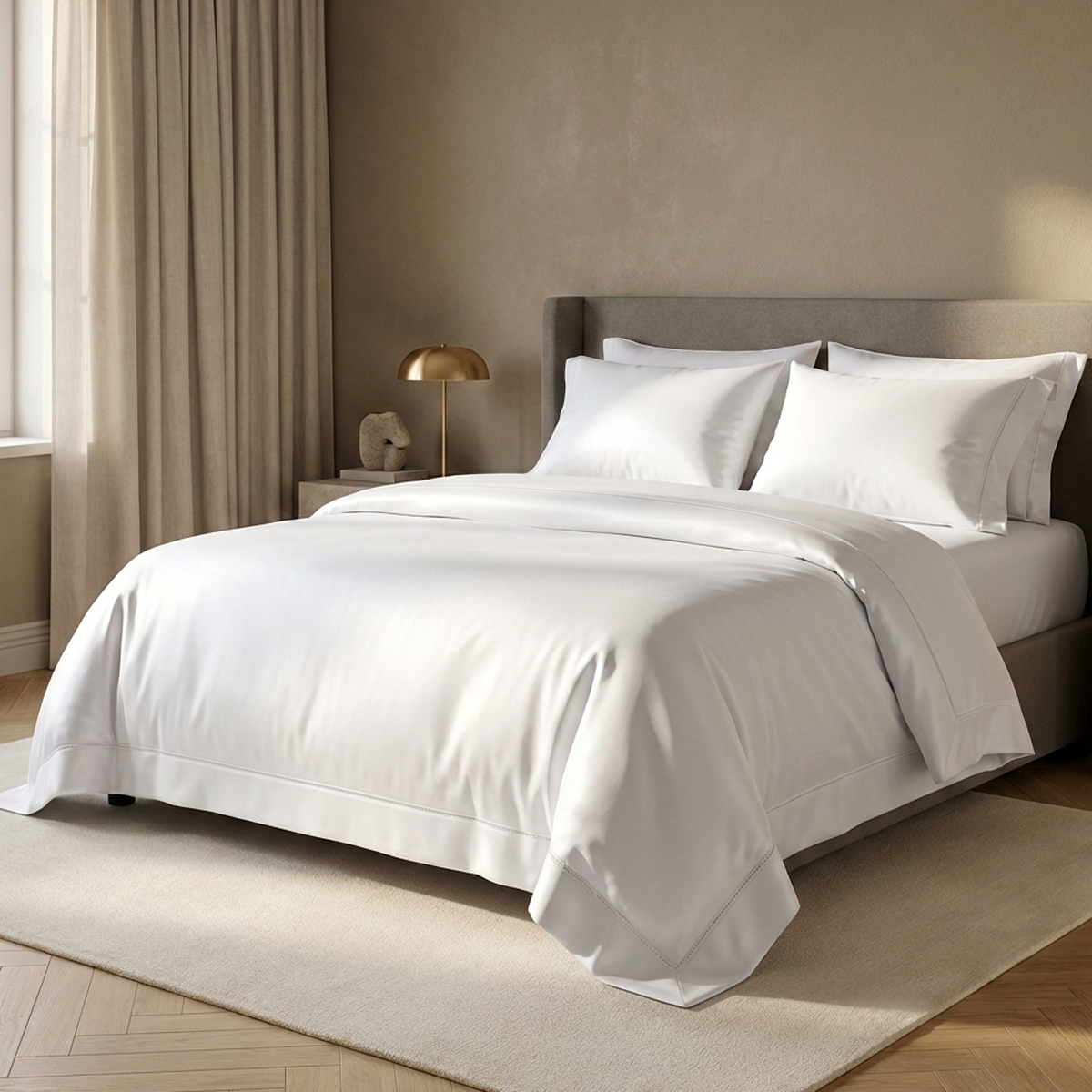 סט מצעי כותנה מצרית סאטן 500 לבן בגימור לולאות