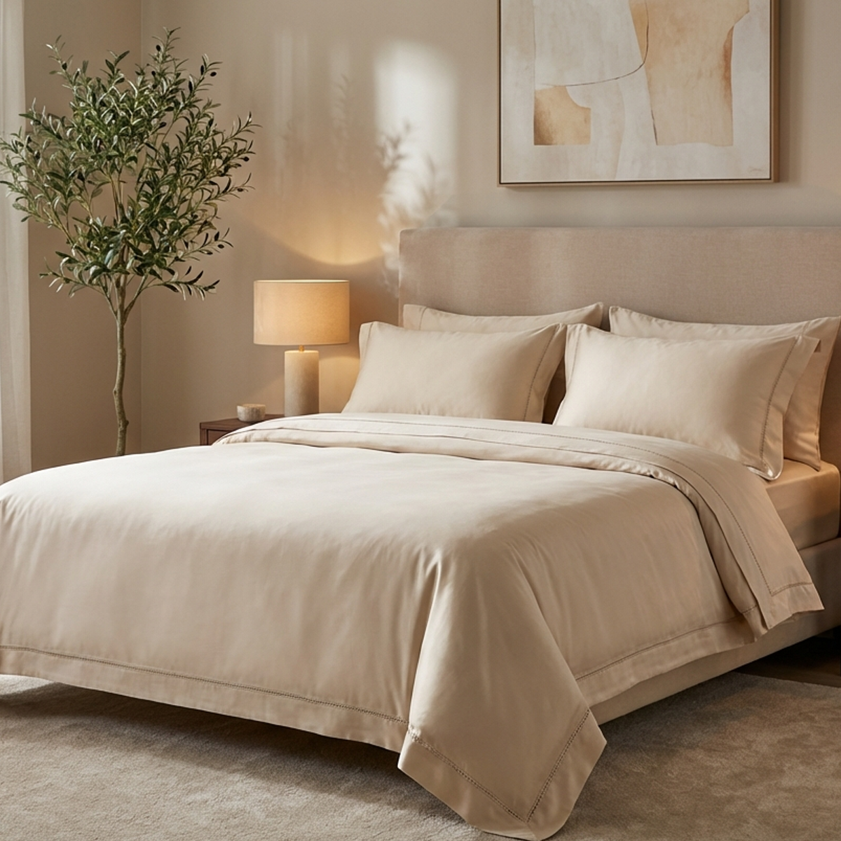 סט מצעי כותנה מצרית סאטן 500 שמנת בגימור לולאות