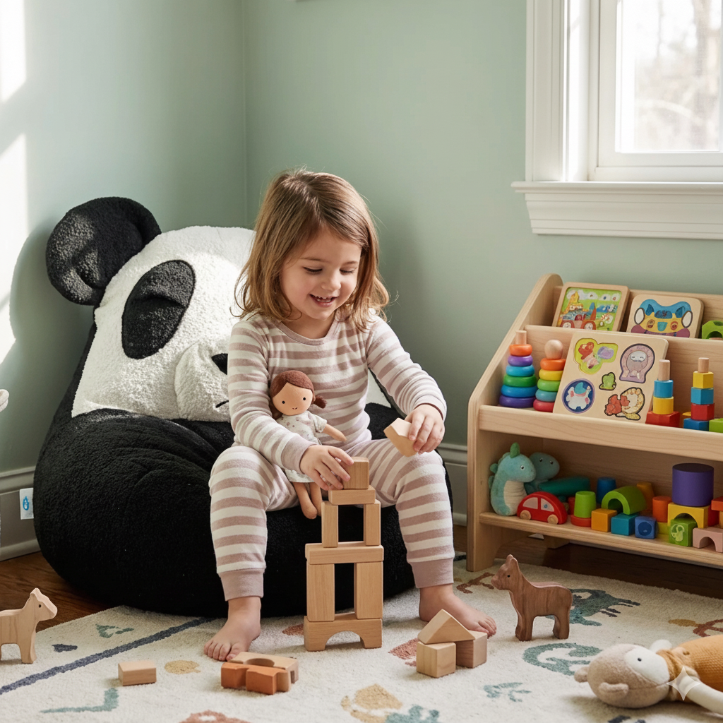 פוף כסא לילדים בצורה של פנדה מבד בוקלה בגוון שחור ולבן