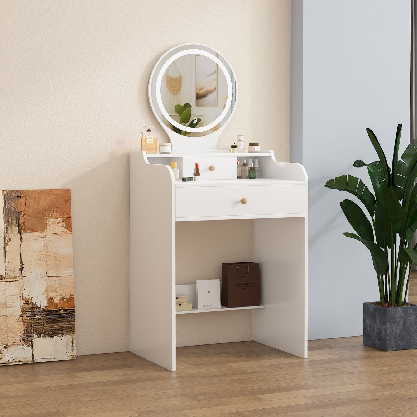 שידת איפור עם מראה עגולה ותאורת לד  · דגם LUNA