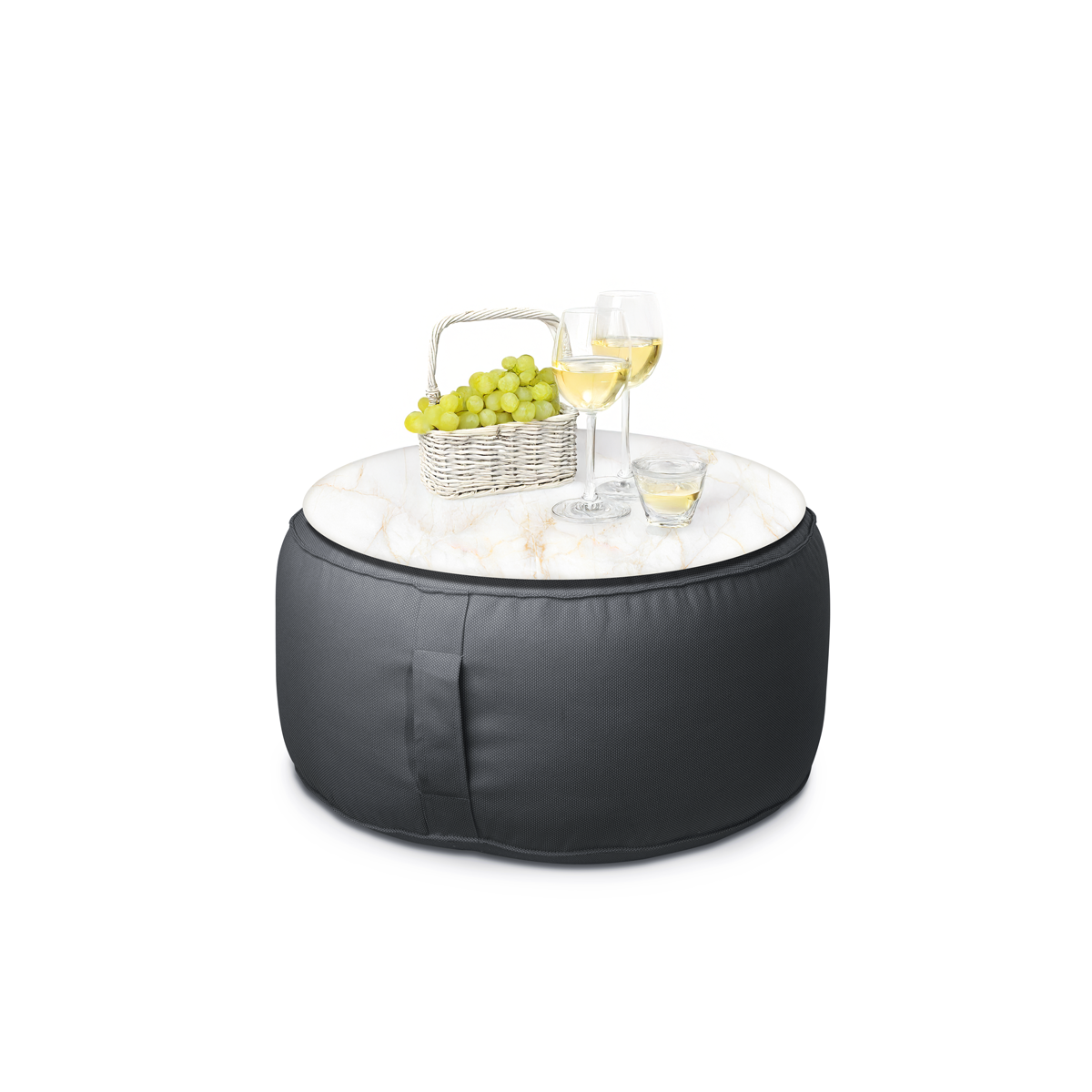 פוף הדום עגול שחור מבד חוץ עם מגש שיש