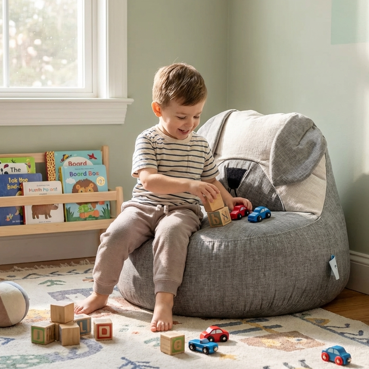 פוף כסא לילדים בצורה של כלב מבד קטיפה בגוון אפור