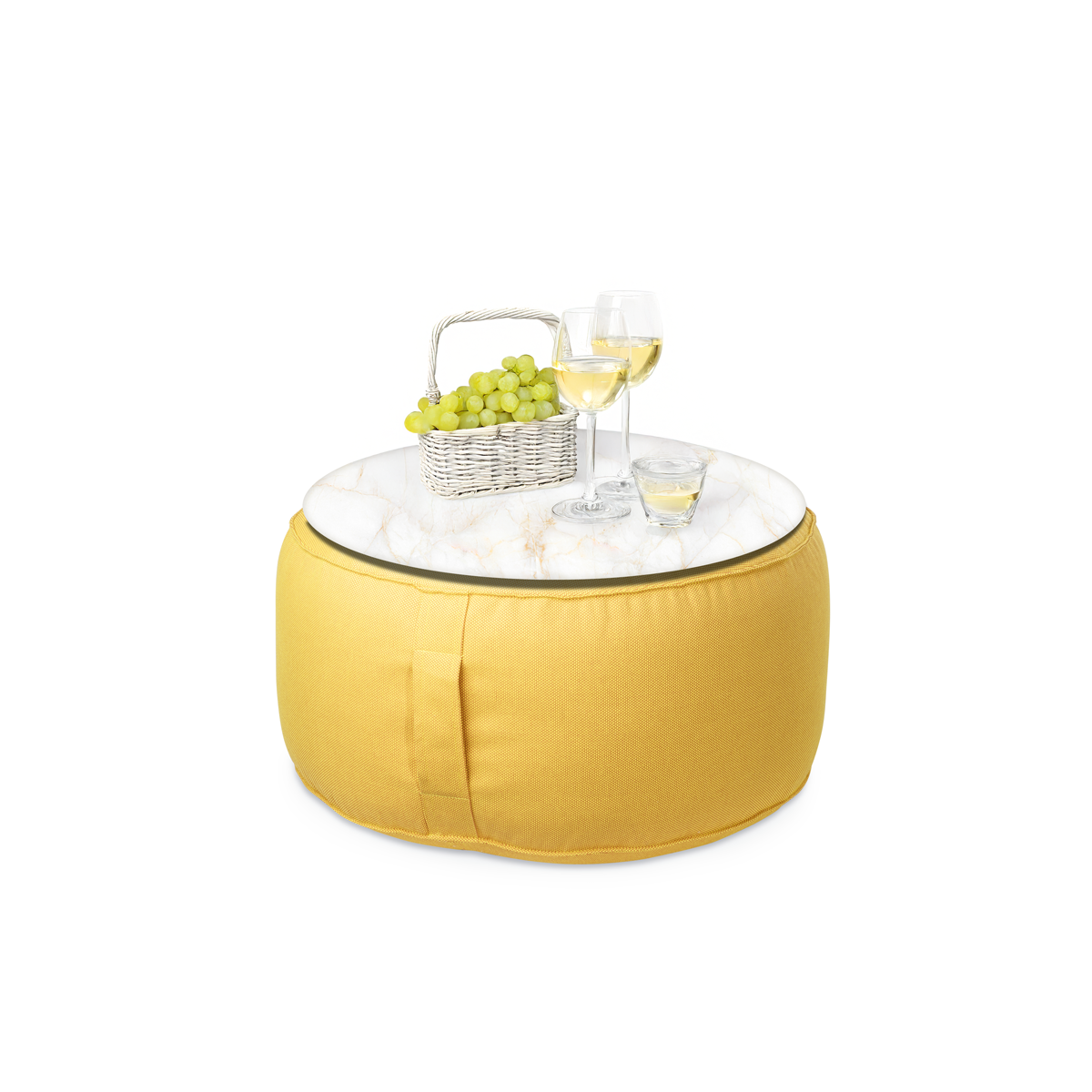 פוף הדום עגול מבד חוץ צהוב עם מגש שיש