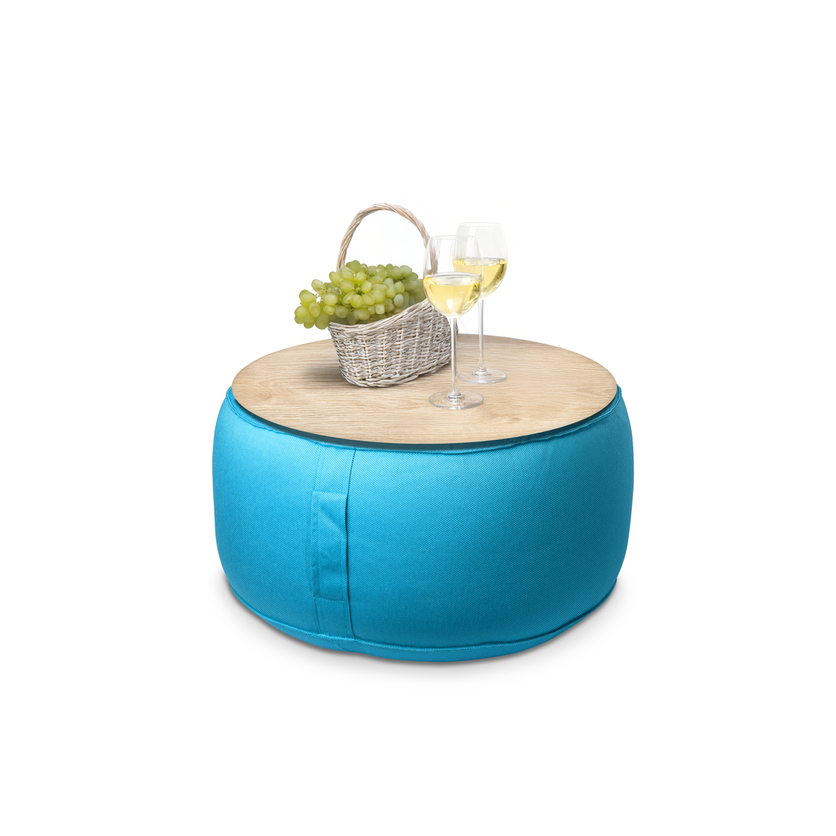 פוף הדום עגול מבד חוץ בצבע טורקיז עם מגש עץ