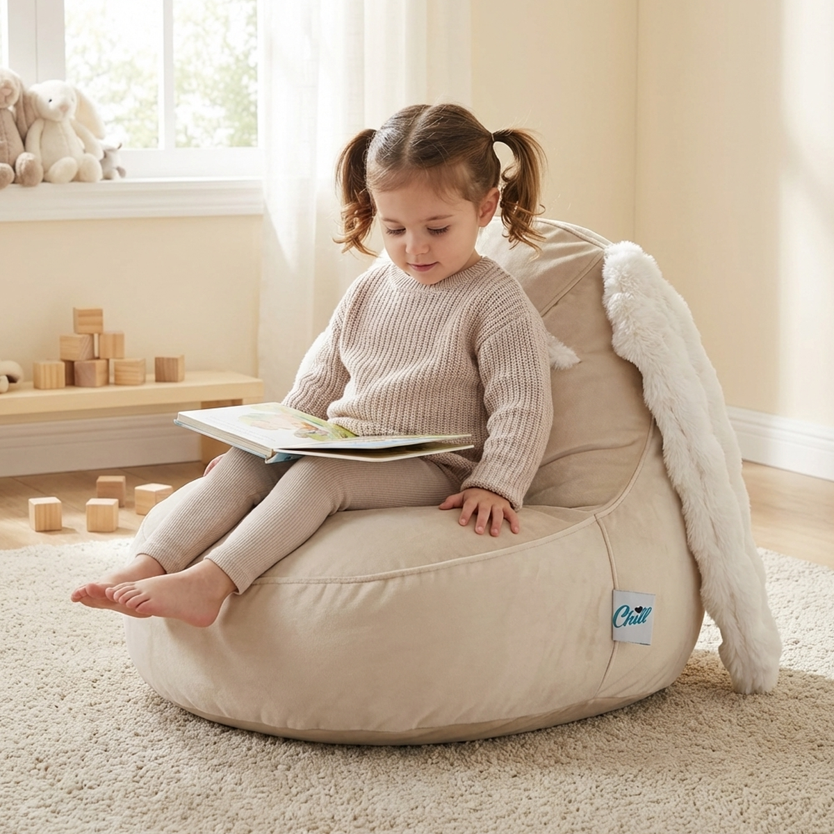 פוף לילדים בצורה של ארנב עם אוזניים מפרווה בגוון שמנת