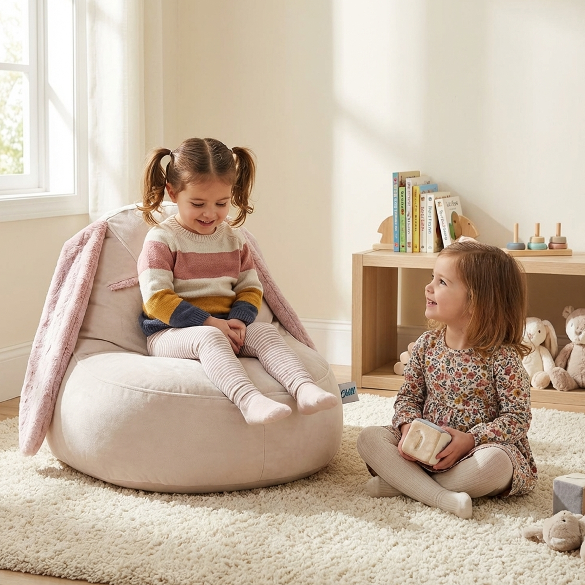 פוף לילדים בצורה של ארנב עם אוזניים מפרווה בגוון ורוד