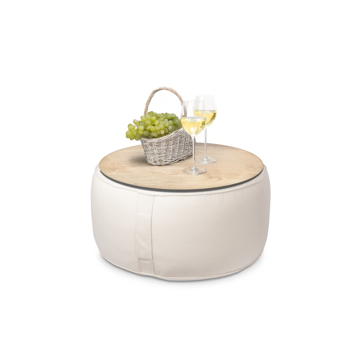 פוף הדום עגול מבד חוץ בצבע שמנת עם מגש עץ