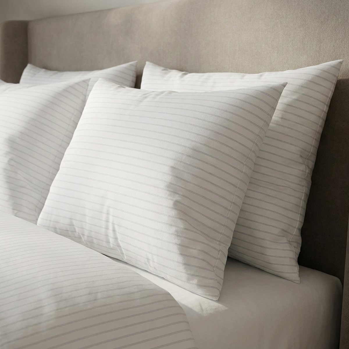 סט מצעי כותנה מצרית סאטן 500 לבן עם פסים אפורים