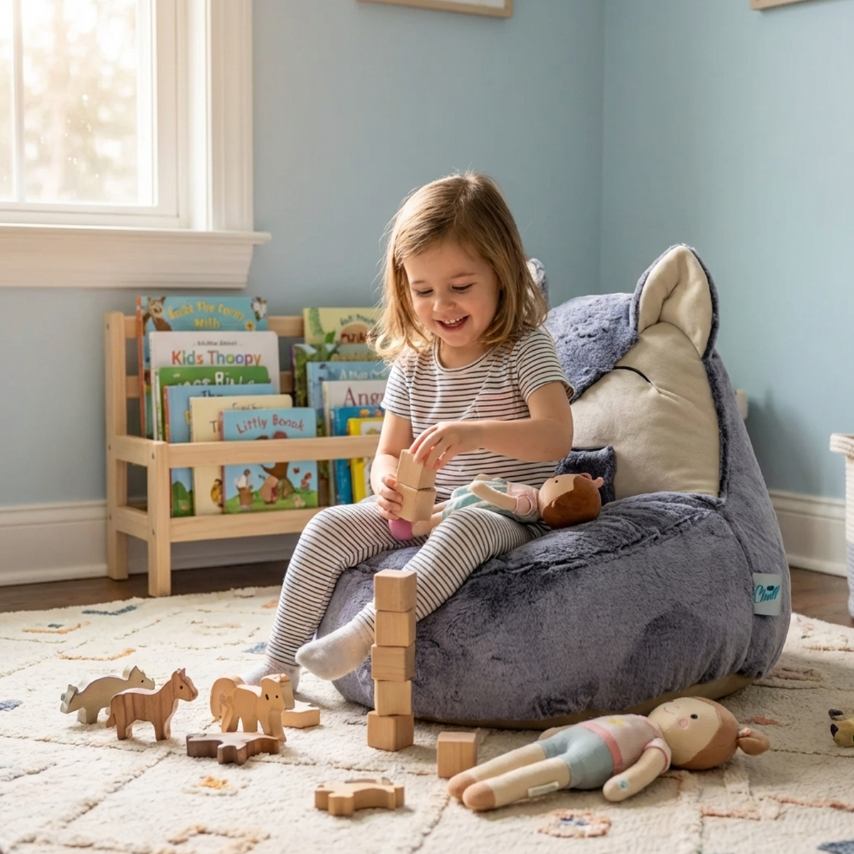 פוף כסא לילדים בצורה של חתול מבד קטיפה בגוון ורוד