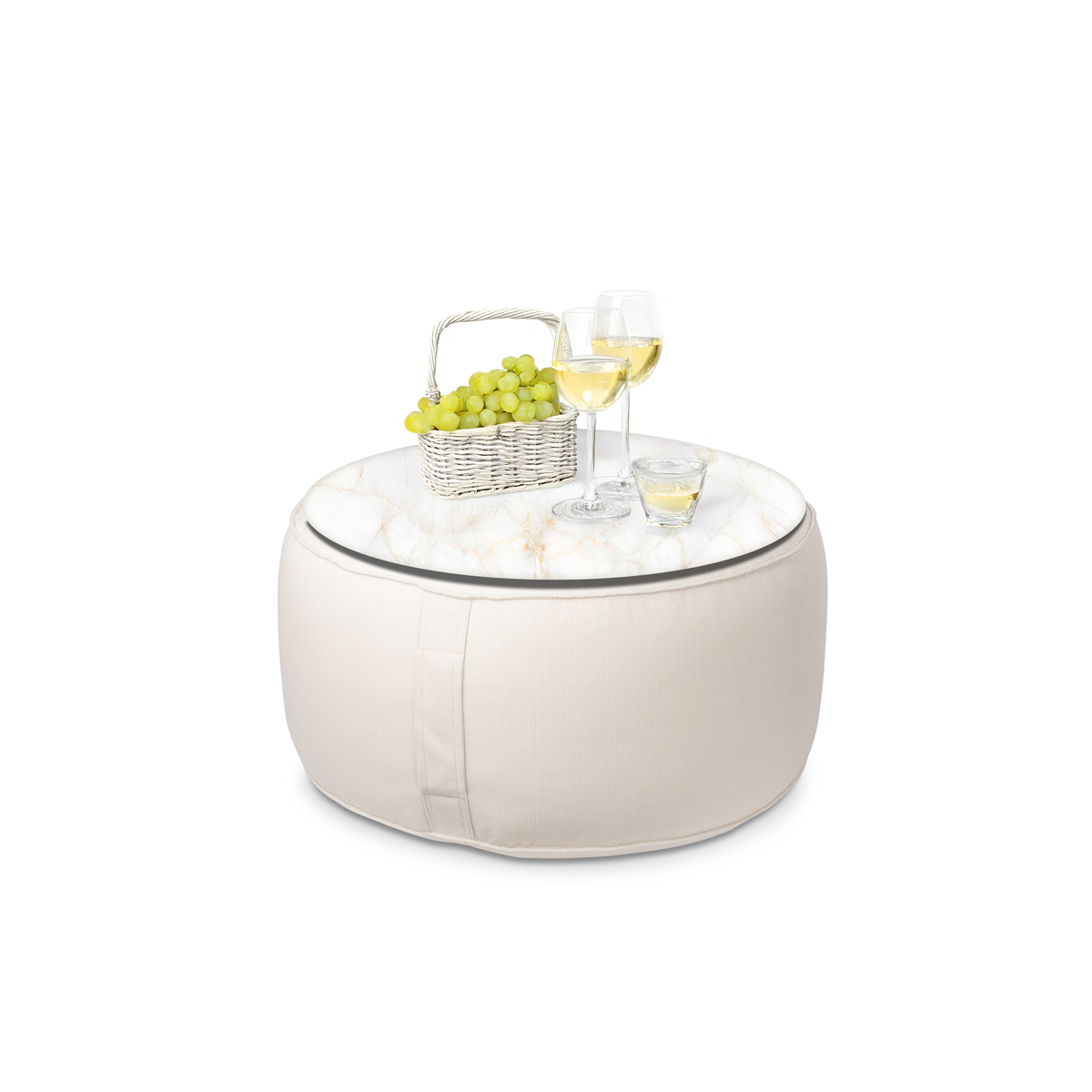 פוף הדום עגול מבד חוץ לבן עם מגש שיש