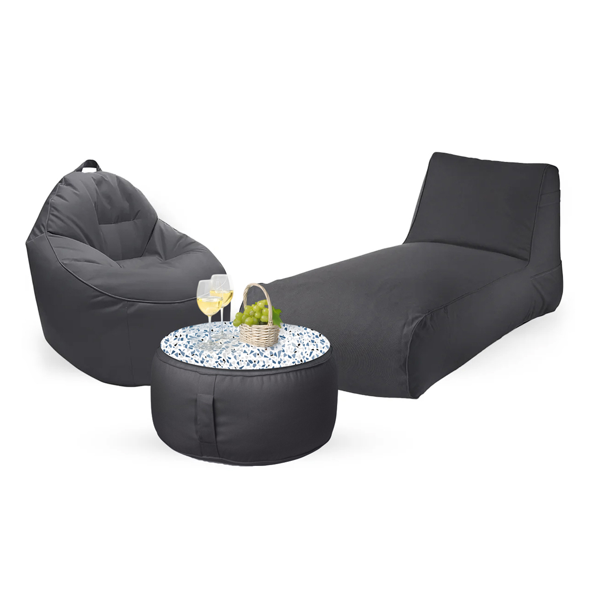 חבילת כורסא שזלונג מילאנו,כורסא טרנקילו והדום עגול מבד חוץ עמיד לשמש