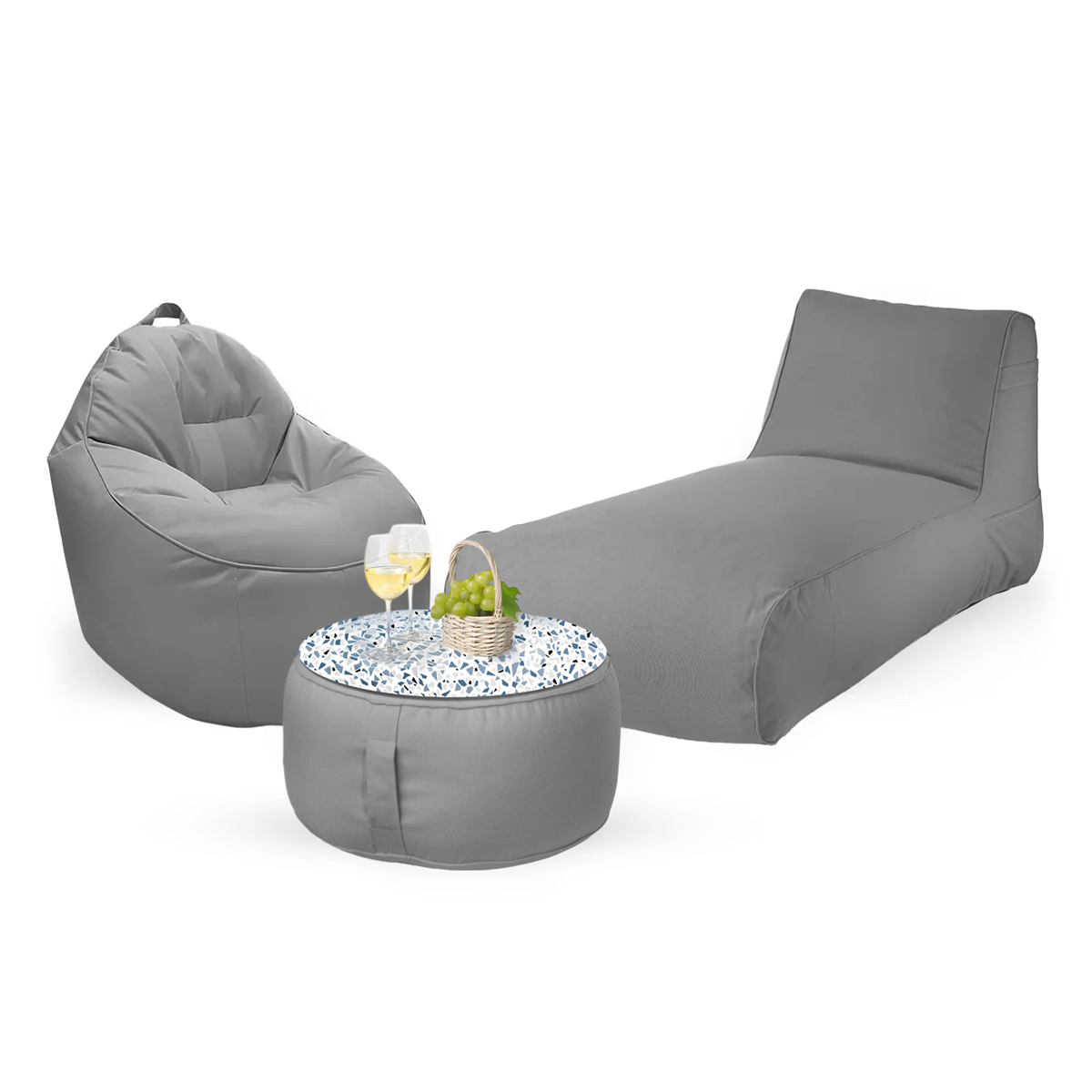 חבילת כורסא שזלונג מילאנו,כורסא טרנקילו והדום עגול מבד חוץ עמיד לשמש