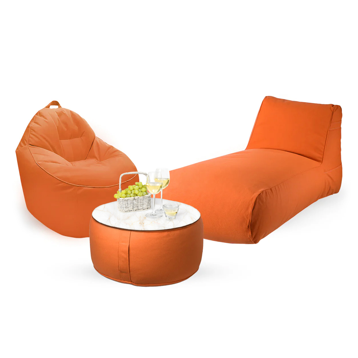 חבילת כורסא שזלונג מילאנו,כורסא טרנקילו והדום עגול מבד חוץ עמיד לשמש