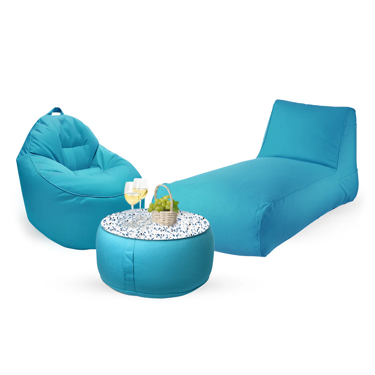 חבילת כורסא שזלונג מילאנו,כורסא טרנקילו והדום עגול מבד חוץ עמיד לשמש