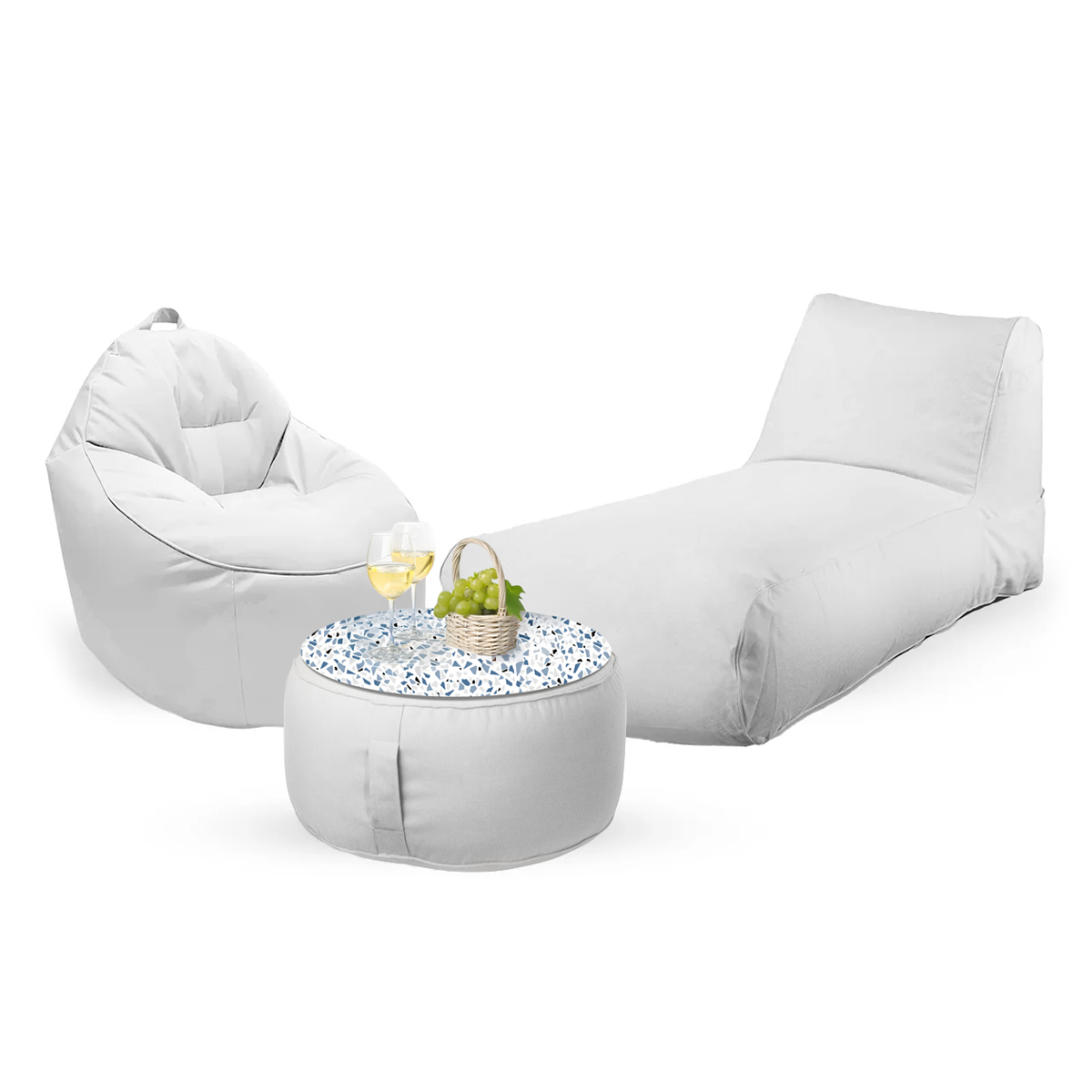 חבילת כורסא שזלונג מילאנו,כורסא טרנקילו והדום עגול מבד חוץ עמיד לשמש